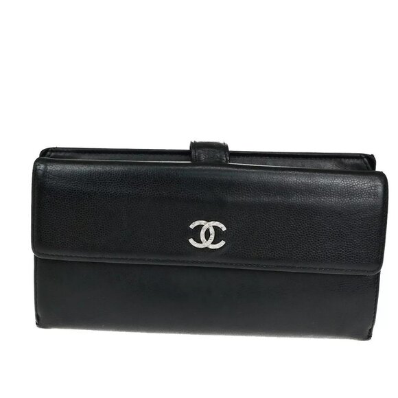 CHANEL CC Logo Falp Bifold Long Wallet Grained Leather Black SHW 35RK678 - Picture 1 of 16